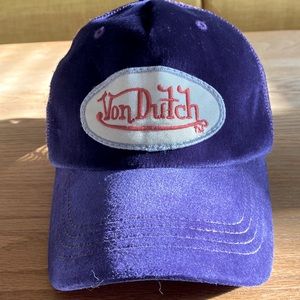 Vintage Von Dutch velvet trucker hat with mesh backing and adjustable strap, EUC